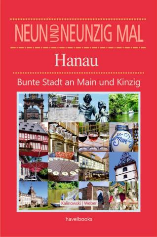 Buchcover rot mit Collage aus Bildern von Hanau und Orten